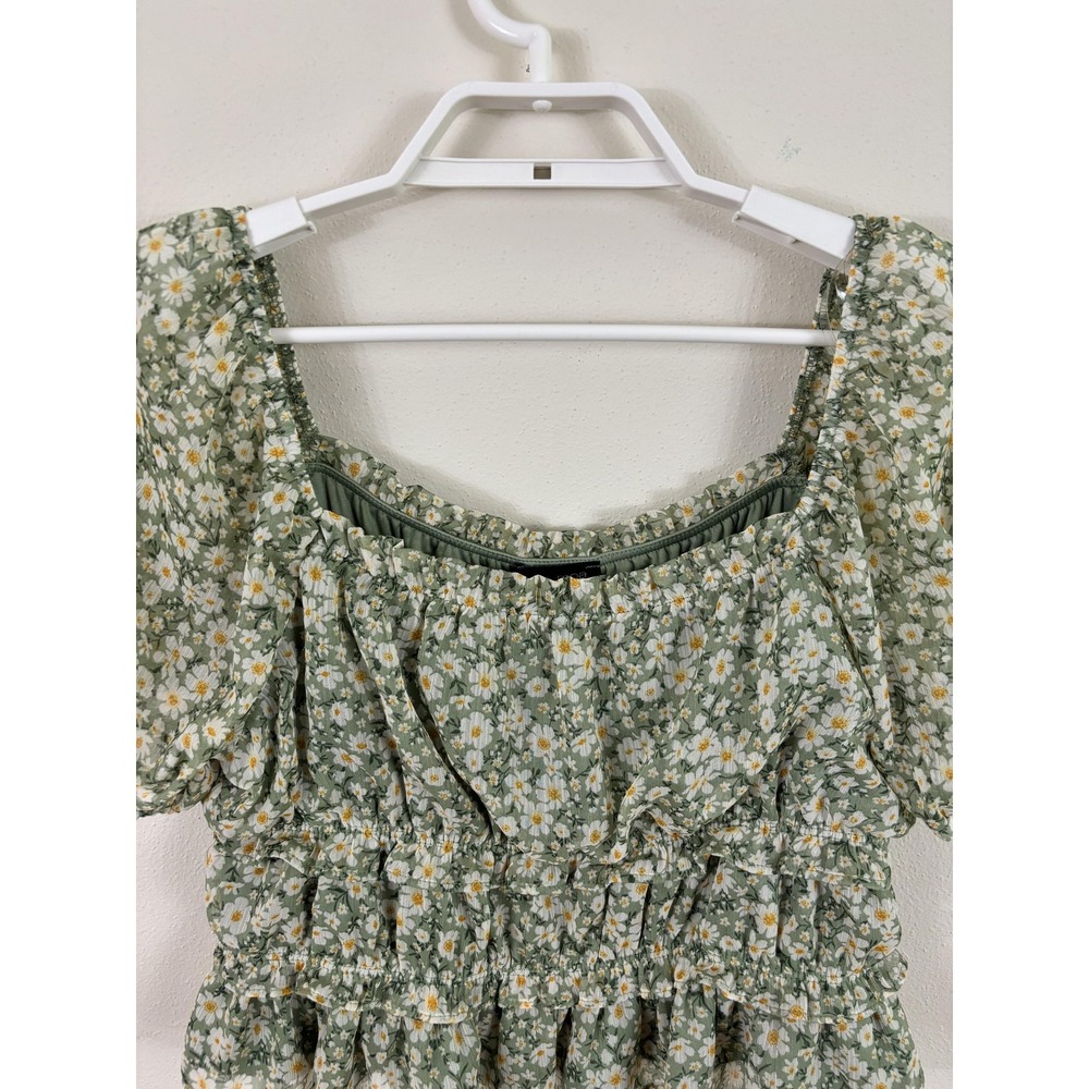 Moa Moa Blouse Womens XL Green Daisy Floral Babydoll Cropped‎ Ruffle Boho Top - Picture 2 of 9